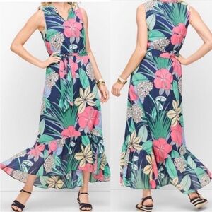 Talbots Voile Hibiscus Sleeveless Floral High Low
Ruffle Maxi Dress Navy Size 6p